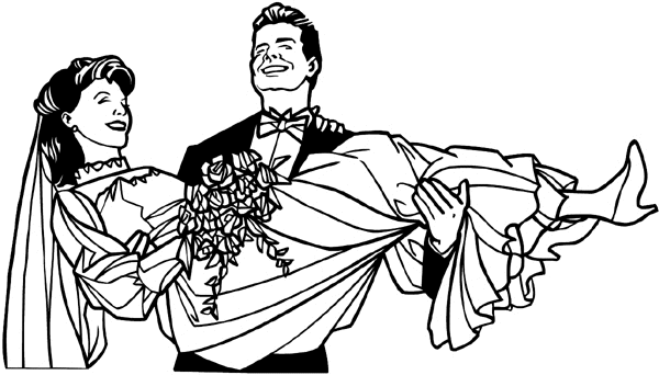 Man carrying bride in arms vinyl sticker. Customize on line. Love and Weddings 058-0152